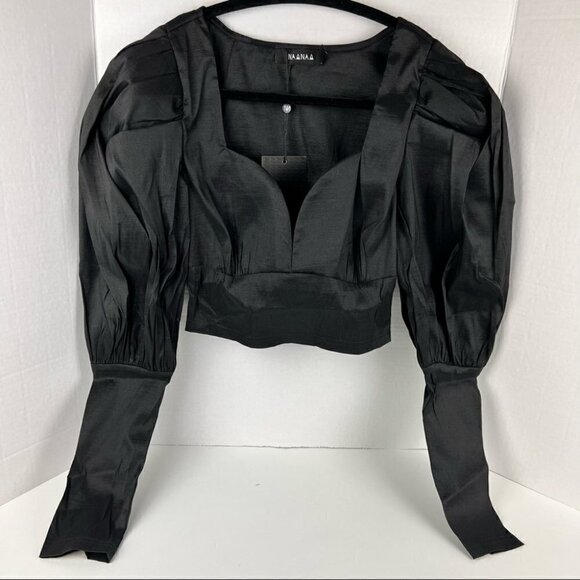 Nwt - Asos Design Naanaa Sweetheart Puff Sleeve Crop Top In Black. Size: 4 (Us) - Picture 1 of 16